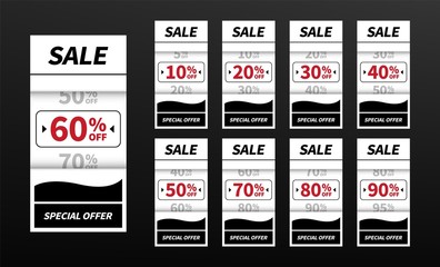 Poster - Sale tags banners. Concept design elements for use in advertising, web, print design and marketing. Trendy discount banners or badges template, up to 10, 20, 30, 40, 50, 60, 70, 80, 90 percent off.