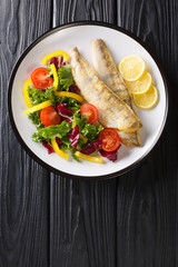 Canvas Print - Diet food zander fillet served with fresh salad close-up in a plate. Vertical top view