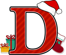 Capital Letter D With Red Santa's Hat And Christmas Design Elements Isolated On White Background. Can Be Used For Holiday Season Card, Nursery Decoration Or Christmas Paty Invitation