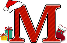 Capital Letter M With Red Santa's Hat And Christmas Design Elements Isolated On White Background. Can Be Used For Holiday Season Card, Nursery Decoration Or Christmas Paty Invitation