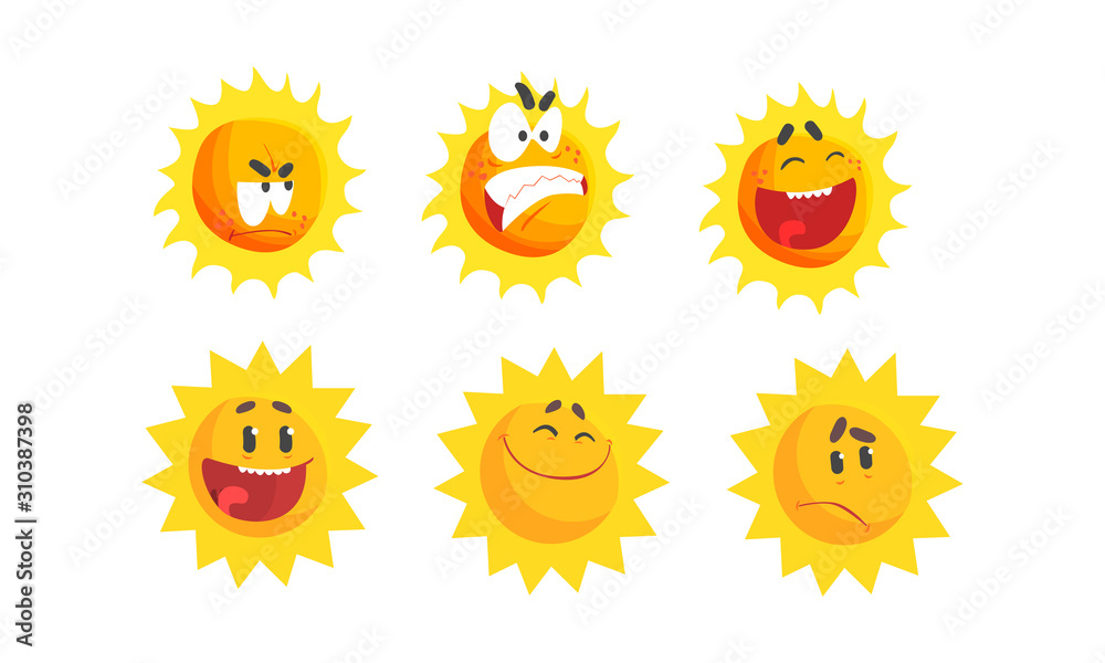 Cartoon Sun Expressing Different Emotions Vector Set - obrazy, fototapety, plakaty 