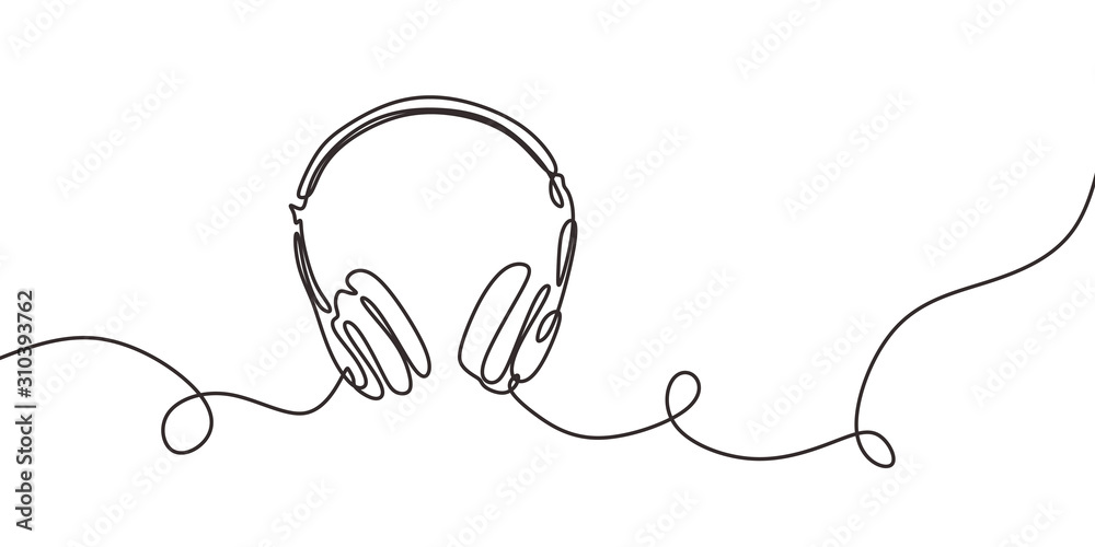 one line drawing of headphone speaker device gadget continuous lineart design isolated on white background. Music element for listening songs and playlist. - obrazy, fototapety, plakaty 