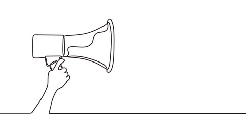 Wall Mural - Continuous one line drawing of horn speaker hold by hand sign and symbol for announcement and employee hiring. Good for banner and advertisement.