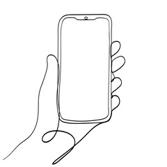 Poster - Hand Holding Mobile Phone Line Art Vector Illustration. Isolated on White Background.