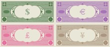 Sample Banknotes Without Face Value With Signs Of World Currencies And Guilloche Grid