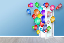 Balloons Fly Away Through Open Door In Office Interior