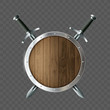 Round wooden shield with swords. Coat of arms