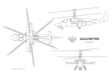 Wall Mural - Outline blueprint of military helicopter. Top, side and front views of armed air vehicle. Industrial isolated image. War copter