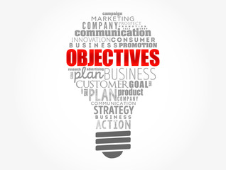 Wall Mural - Objectives light bulb word cloud collage, business concept background