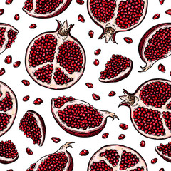 Wall Mural - Pomegranate seamless pattern. Vector drawing. Hand drawn tropical fruit background.