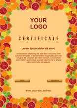 Certificate, Diploma Template, Border Of Sliced Citruses - Oranges, Limes, Lemons, Grapefruits