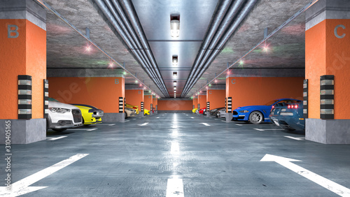 Dekoracja na wymiar  wnetrze-parkingu-podziemnego-z-samochodami-ilustracja-3d