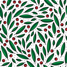 Scarlet Firethorn Leaves Berries Thanksgiving Christmas New Year Winter Holidays Seasonal Decorative Floral Seamless Pattern Red Black And White Vector Illustration Isolated On White Dotted Background