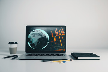 Wall Mural - Laptop closeup with forex graph and world map on computer screen. Financial trading and education concept. 3d rendering.