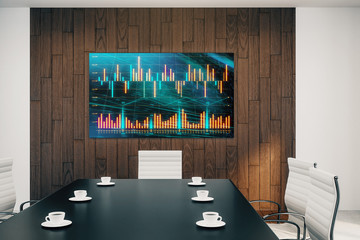 Wall Mural - Conference room interior with financial chart on screen monitor on the wall. Stock market analysis concept. 3d rendering.