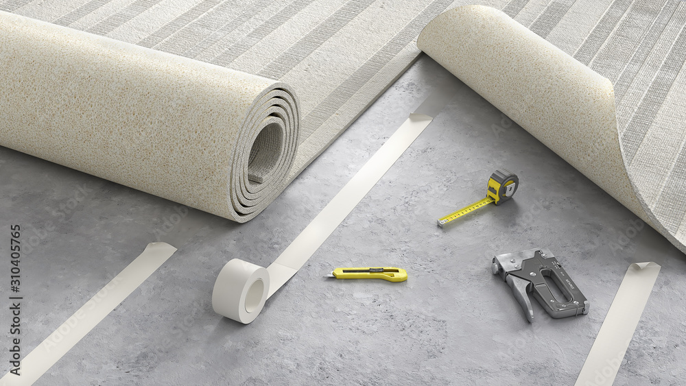 Process of laying cozy beige carpet on floor, 3d illustration - obrazy, fototapety, plakaty 