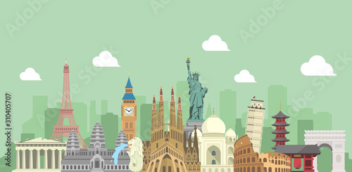 Fotomural world travel vector banner illustration ( world famous buildings / world herita