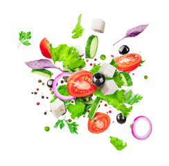 Salad ingredients are flying isolated on a white background. Healthy nutrition