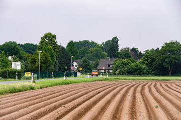 Canvas Print - Plowed field near the village. Field on the background of the village.