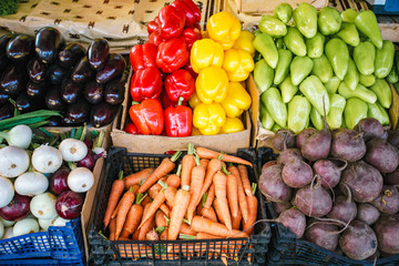 Sticker - Open market shelves full of a different kinds of vegetables