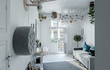 Auf den Kopf gestellt - Möbel hängen an Decke von Wohnung (3d rendering)