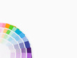 Rainbow color pallette on white background. Designer tool with copy space. Top view, flat lay.