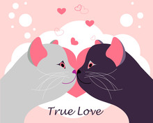Romantic Valentine's Day Poster With Kissing Cats. Vector Illustration.