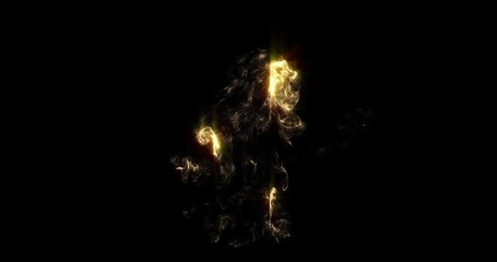 Poster - Golden smoke, shining fluid particles light, liquid gold glitter pour on black background. Sparkling gold, glittering shimmer pouring and evaporating, magic glow haze with haze curl swirl effect