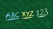 Hand Drawing Abc, Xyz, 123 Concept. Education Symbols On Green Background