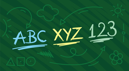 Wall Mural - hand drawing abc, xyz, 123 concept. education symbols on green background