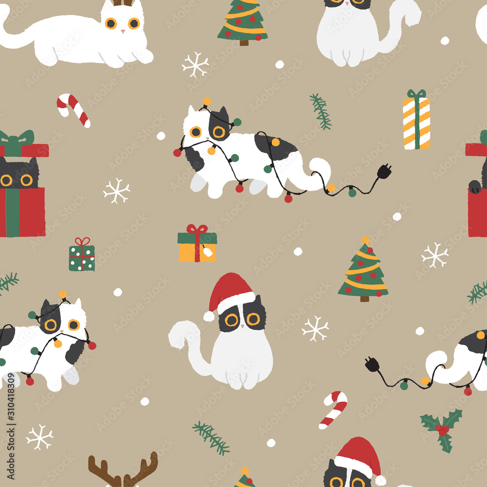 Cute hand drawn cat on Christmas with beige background seamless pattern ...