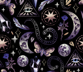  Magical and mystical characters. Stock illustration with moon phases, rose, stars, feather and night butterfly. Seamless patterns