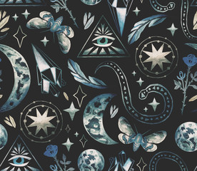  Magical and mystical characters. Stock illustration with moon phases, rose, stars, feather and night butterfly. Seamless patterns