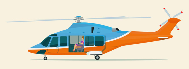 Wall Mural - Helicopter with an open passenger door and businesswoman inside. Vector illustration.