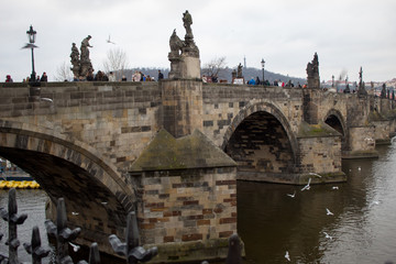 Wall Mural -  The main attraction of the Czech capital city of Prague is the Charles Bridge on Christmas Eve with many tourists and a view of the Vltava River.