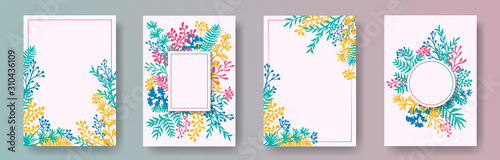 Tropical herb twigs, tree branches, flowers floral invitation cards set. Bouq...