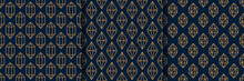 Set Of Three Gemstone Seamless Pattern In Minimal Trendy Style. Gold Linear Diamonds On A Dark Blue Background. Vector