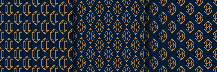 Set of three Gemstone Seamless pattern in minimal trendy style. Gold linear diamonds on a dark blue background. Vector
