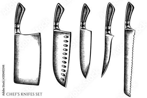 Fotografía Vector set of hand drawn black and white Chef's knifes