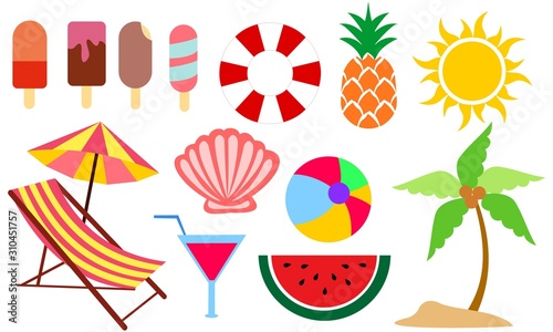 Fotomural Set of summer and vacation elements cute cartoon illustration