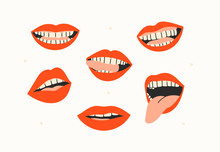 Female Mouths. Teeth, Tongue. Red Lips. Various Mimic, Emotions, Facial Expressions. Hand Drawn Colored Set. Trendy Vector Illustration. All Elements Are Isolated