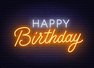 Poster - Happy birthday neon sign. Greeting card on dark background. Vector illustration.