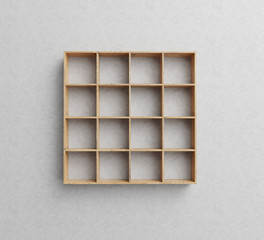 Poster - wooden empty bookshelf on grey wall, 3d render image