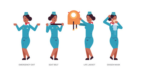 Wall Mural - set stewardess explaining instructions with life vest seat belt emergency exit and oxygen mask african american flight attendant in uniform safety demonstration concept horizontal full length vector