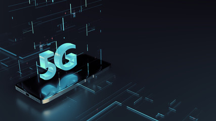 Poster - 3d rendering of mobile phone with glowing 5g text on glass screen and abstract digital data. for nex