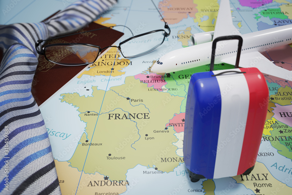 Vacation to France and tourism concept. Suitcase with french flag. 3D rendered illustration. - obrazy, fototapety, plakaty 