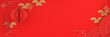 © sofirinaja - Happy Chinese new year banner, red and gold lantern and knot firecracker hand fan paper cut on background. Design creative concept of china festival celebration gong xi fa cai. 3D illustration.