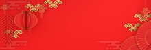Happy Chinese New Year Banner, Red And Gold Lantern And Knot Firecracker Hand Fan Paper Cut On Background. Design Creative Concept Of China Festival Celebration Gong Xi Fa Cai. 3D Illustration.