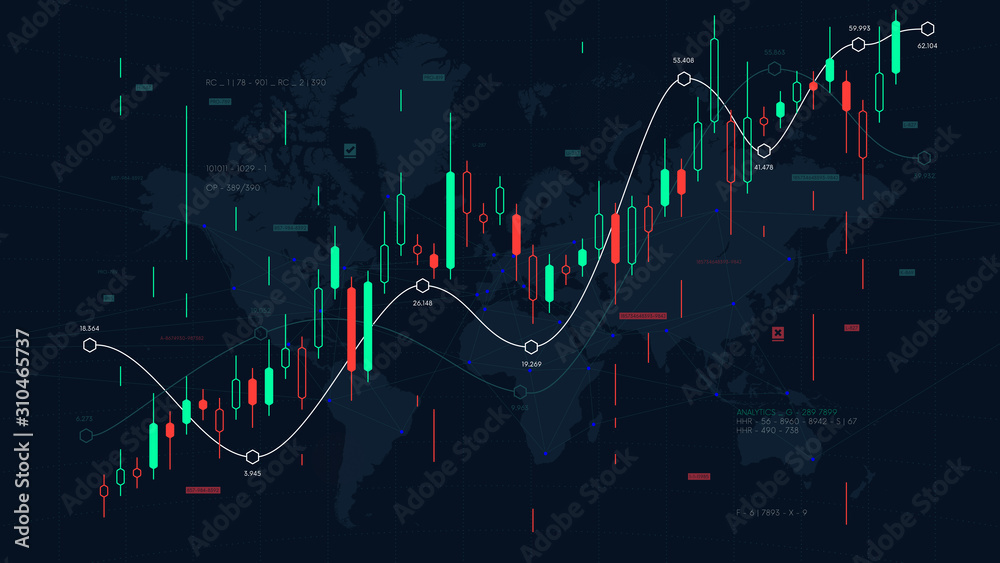 Financial market analytics graph on a world map background, scale of ...