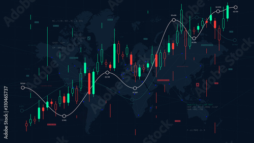 Fotografía Financial market analytics graph on a world map background, scale of pieces and